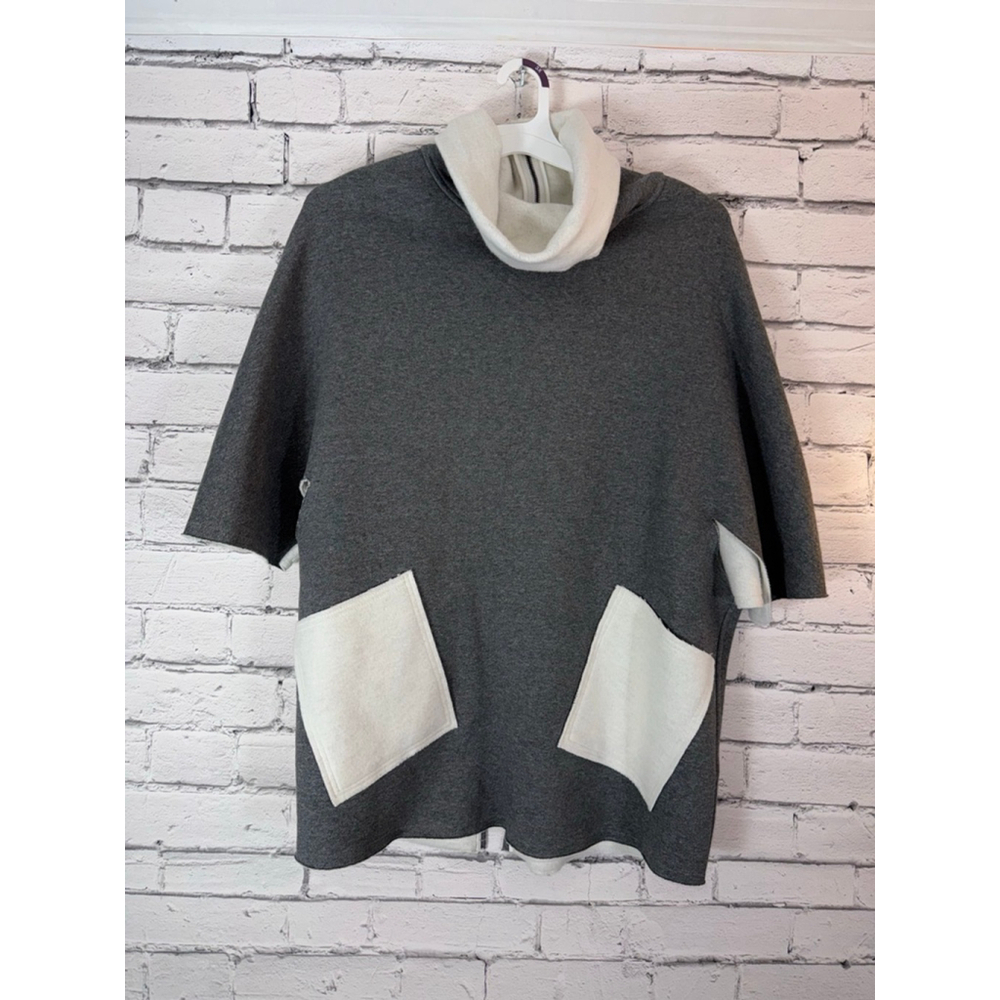 Karolina Zmarlak Gray Cream Mock Neck Poncho Cape Jacket Cashmere Blend Medium